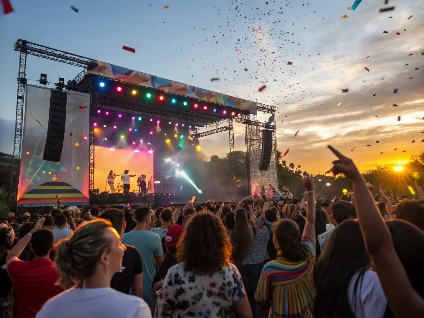 An energetic scene of a live outdoor concert with a diverse audience enjoying the performance, capturing the lively and engaging atmosphere of A.P.O's public musical performances.