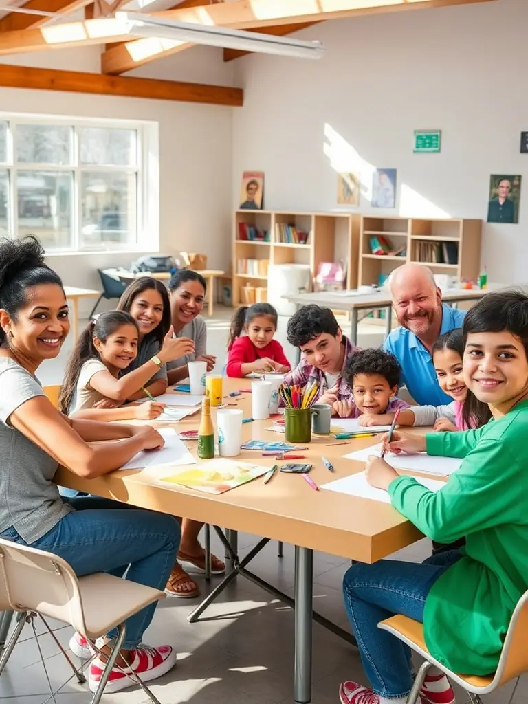 A vibrant photograph capturing a community art workshop in progress, showcasing participants of diverse ages and backgrounds engaged in painting together, reflecting A.P.O's commitment to inclusive artistic education.