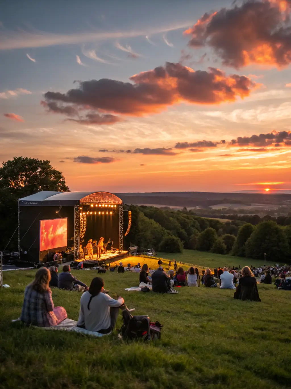 An image of the Spring Musical Festival, showing a stage with musicians performing and families enjoying the outdoor event.