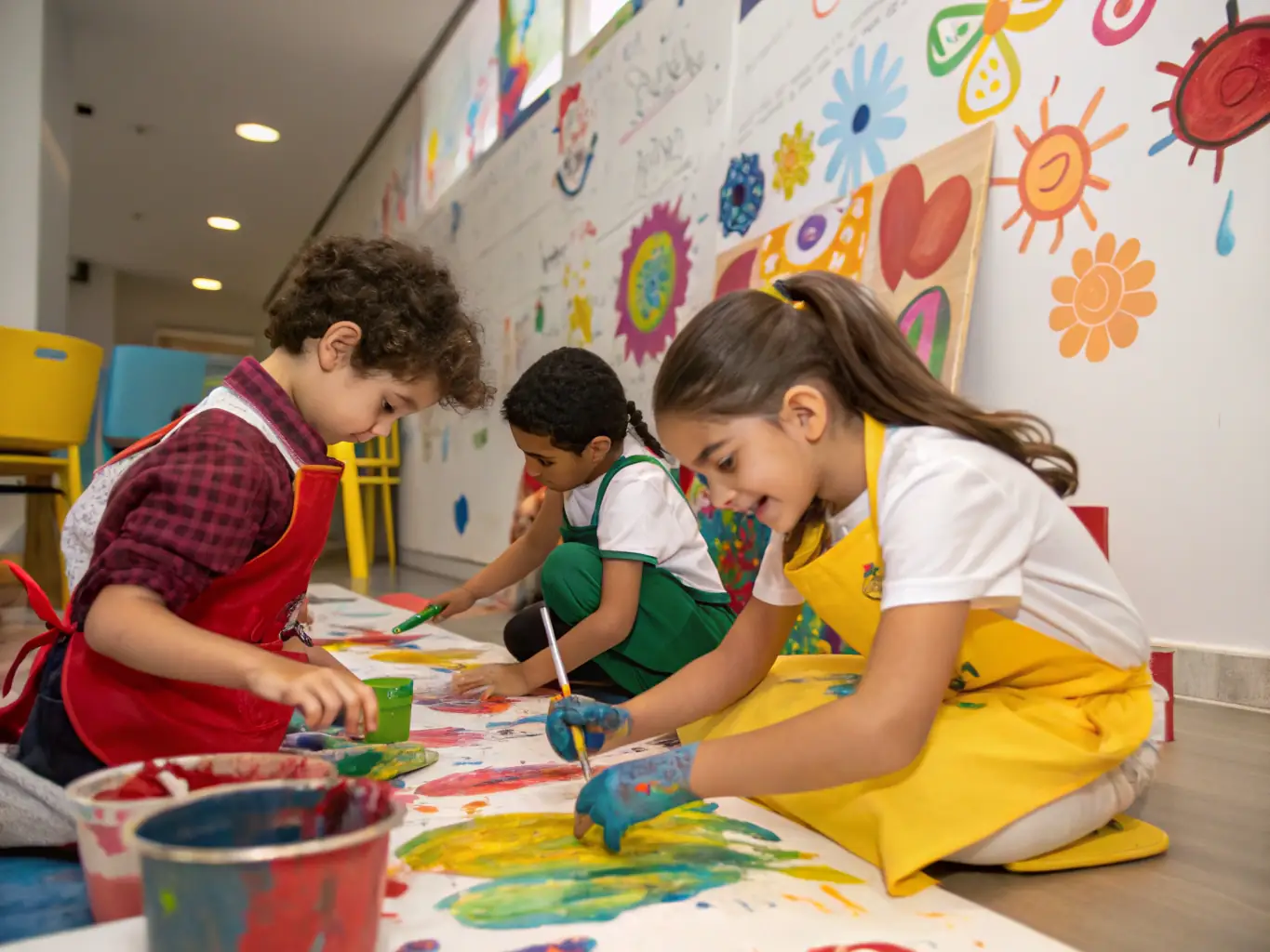A vibrant image depicting participants of all ages engaged in a community art workshop, painting together on a large canvas, with smiles and colorful artwork surrounding them. The setting is a bright, open space with natural light.