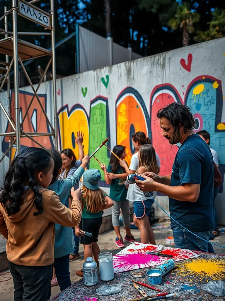 A photograph capturing a diverse group of people participating in a community art workshop, painting a large mural together, showcasing collaboration and creativity.