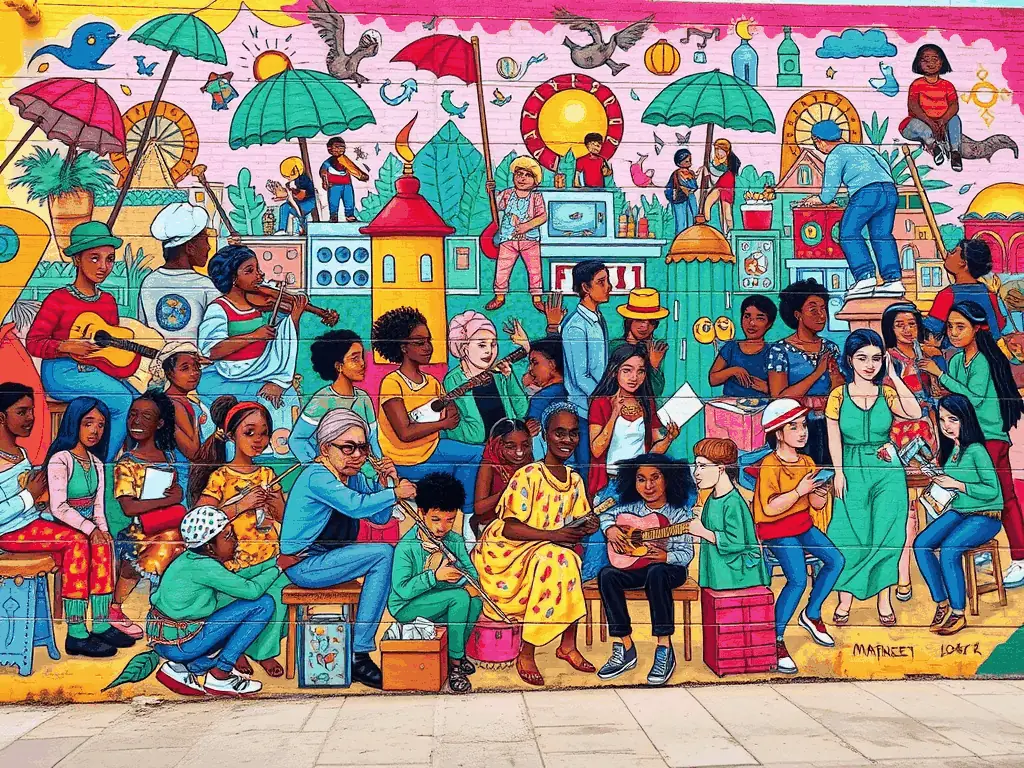 A visually appealing image showcasing the 'Colors of Unity' community mural, with diverse elements and symbols representing unity and diversity. The mural is displayed on a prominent wall in Le Deveix, attracting attention and admiration.