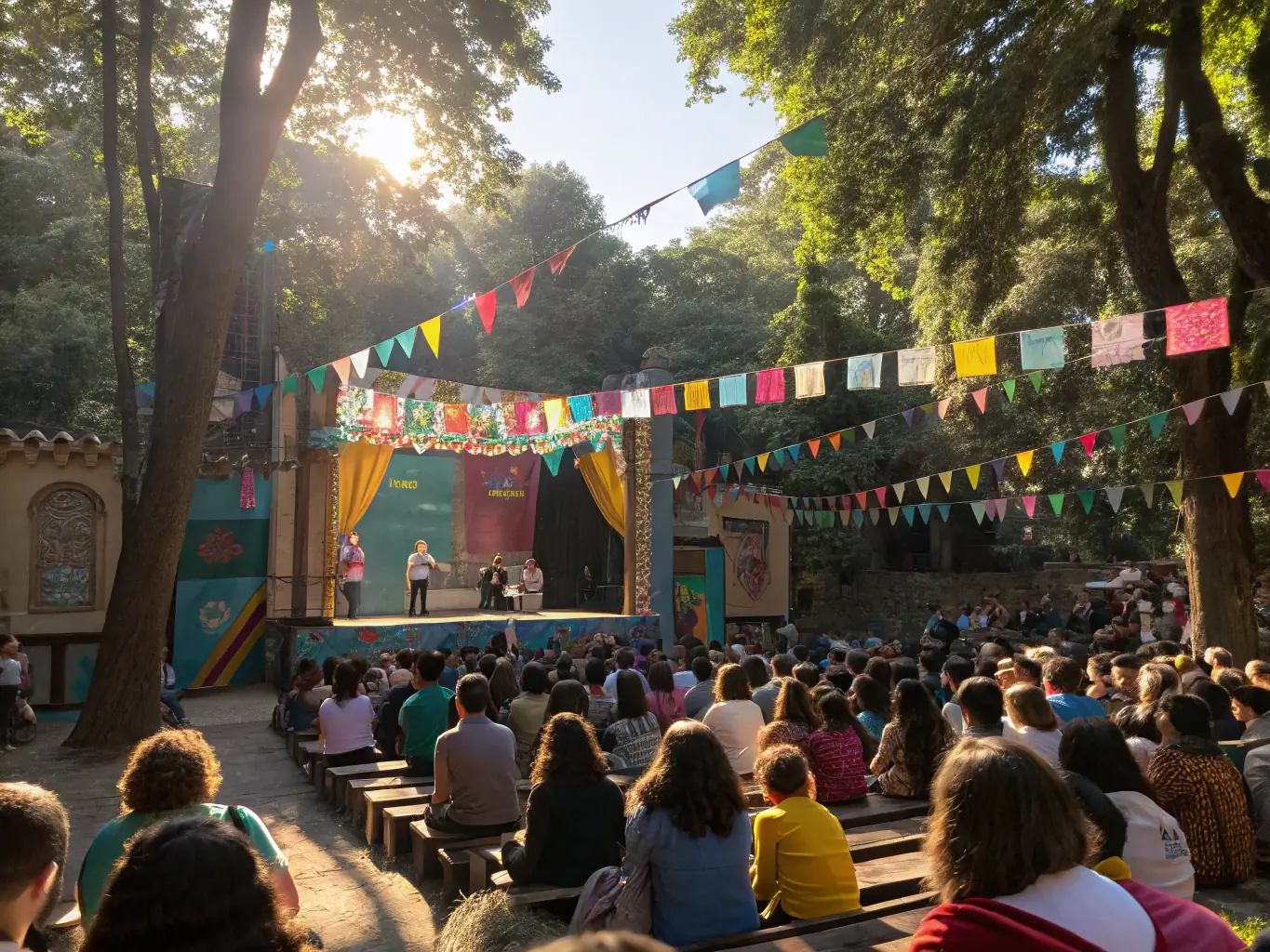 A lively image capturing a public musical performance, featuring local artists on stage with various instruments, performing for an enthusiastic audience in an outdoor setting. The atmosphere is festive and engaging.