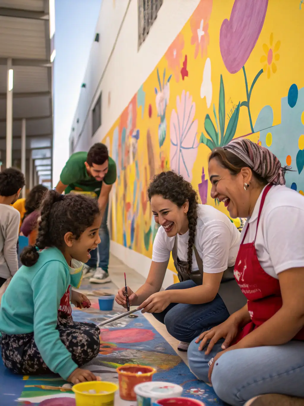 A vibrant image of participants engaged in a community art workshop, painting a large canvas together, showcasing collaboration and creativity.