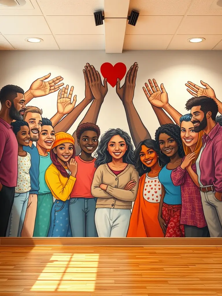 A colorful photograph of the 'Colors of Unity' community mural, highlighting the vibrant artwork and the collaborative spirit of local residents who participated in its creation, showcasing A.P.O's community engagement.