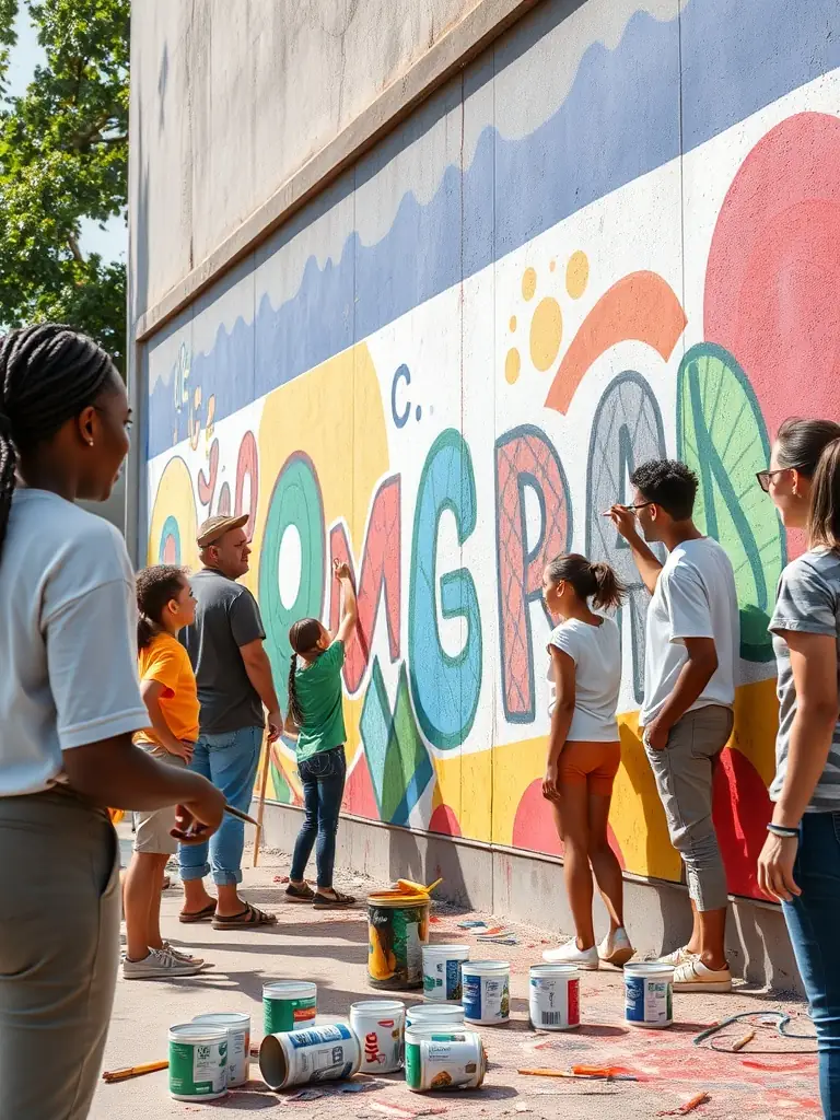 A picture of a completed community mural, showcasing the positive impact of collaborative art projects on the local environment and community pride.