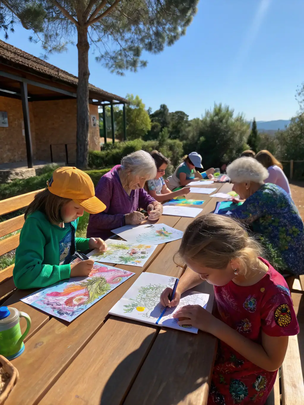 A photo of children and adults working together on an art project, emphasizing intergenerational collaboration and community spirit.
