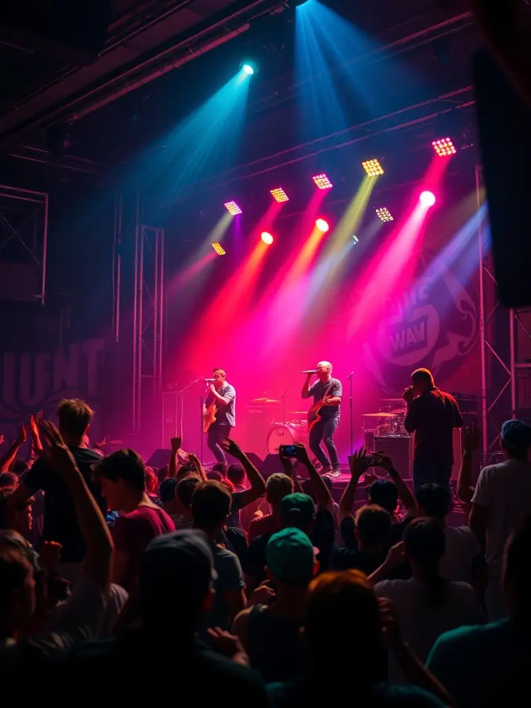 A dynamic image of a public musical performance featuring local artists on an outdoor stage, with an enthusiastic audience enjoying the music, illustrating A.P.O's efforts to enrich the cultural landscape.